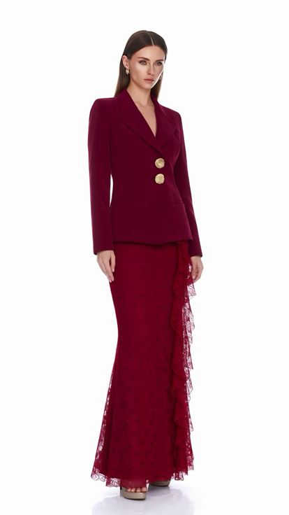 Bordo Güpür Etekli Blazer Abiye  Takım